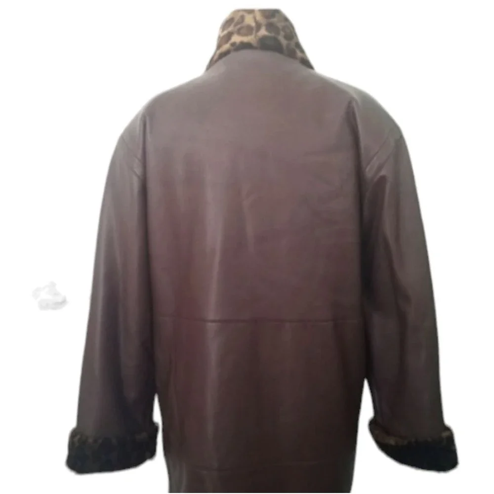 Leopard Trim Vegan Leather Quilted Lining Brown Animal Print Car Coat Sz…